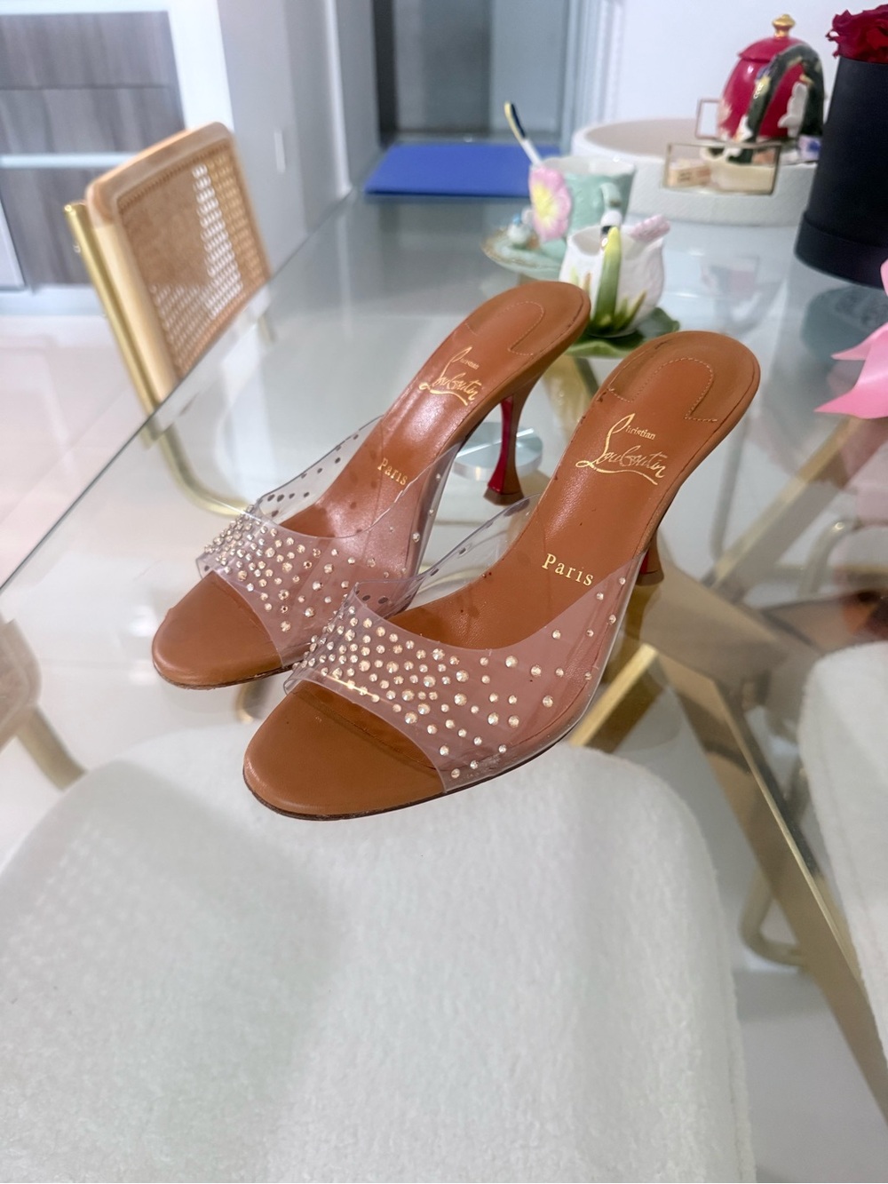 Christian Louboutin Degramule Strass brown Clear Crystal-Embellished Slide Mules